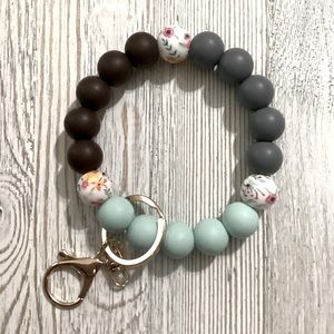 Silicone Beaded Wristlet Keychain Floral Turquoise Black w/ Lg Lobster Claw